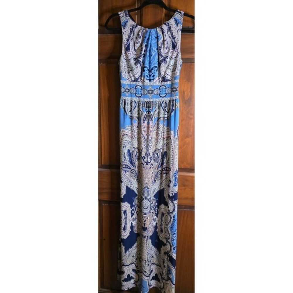 506 London Times Wom Blue Paisley Sleeveless Pleated Maxi Dress Size 4 Boho Gown